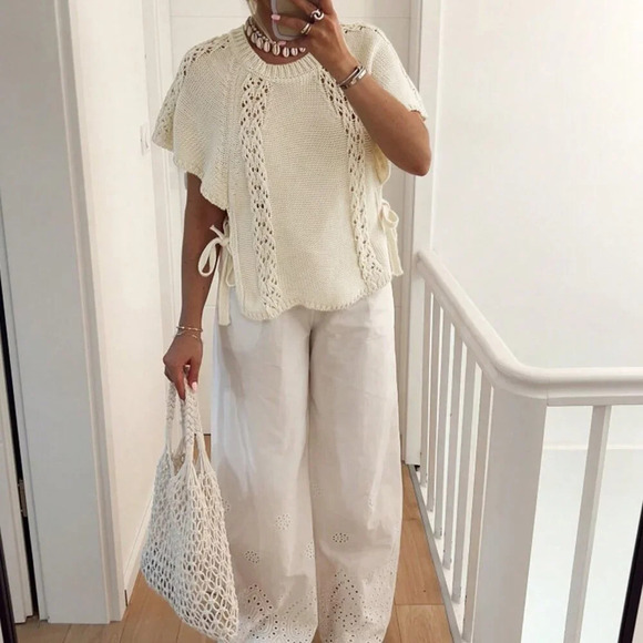 Apricot Casual Women's Side Tie Round Neck Cap Sleeve Sweater - Picture 4 of 8